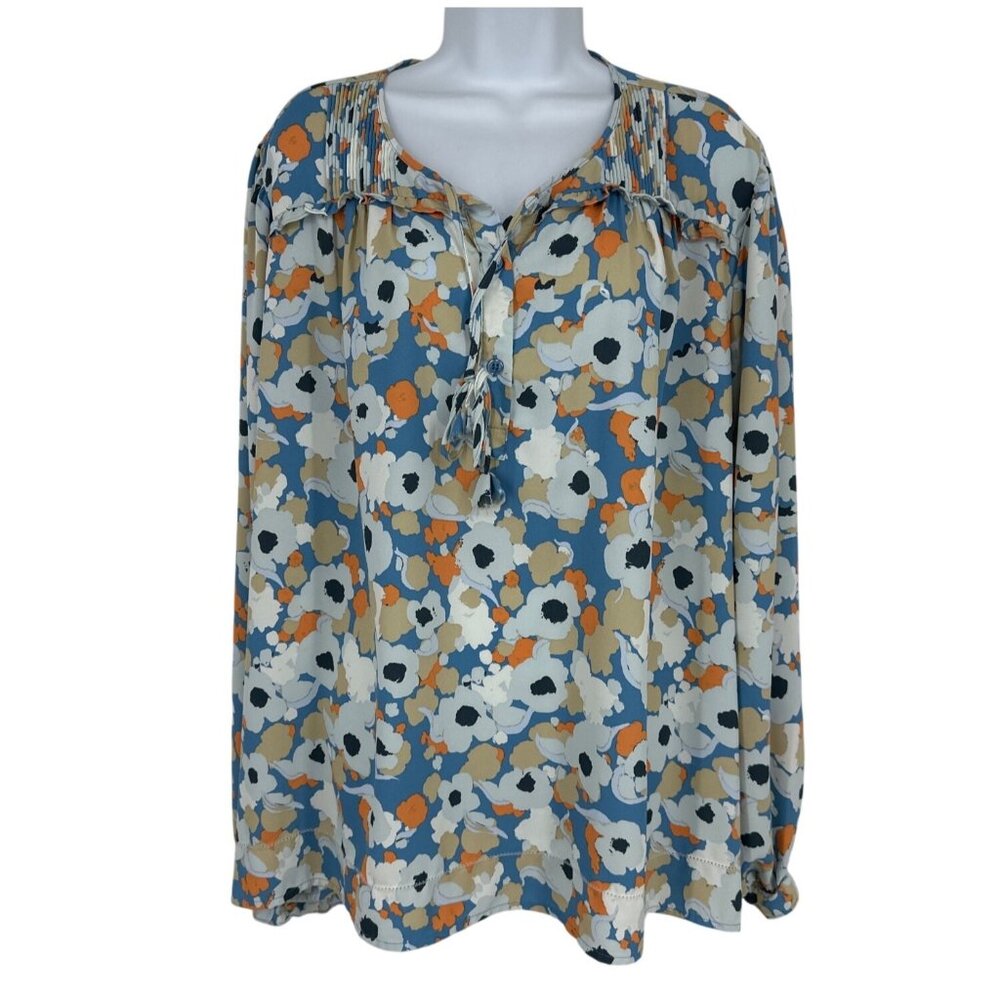 Joie Floral Long-Sleeve Blouse With Pleated Neckline & Tassel Tie Women's Sz XXL